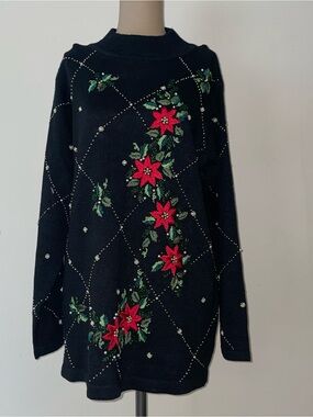 Victoria Jones Woman Black Sweater with Red Floral Embroidery
